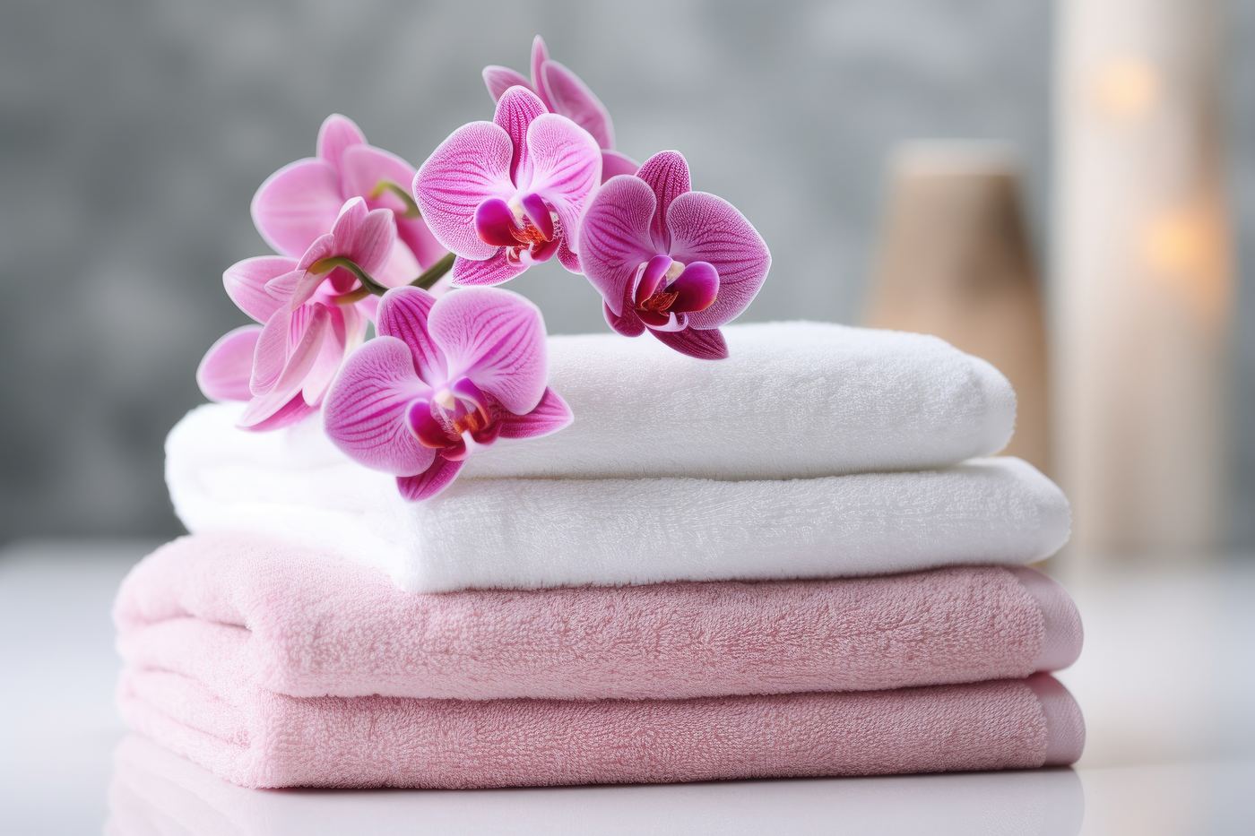 Ruhige Wellness-Atmosphäre mit Handtüchern und Orchidee